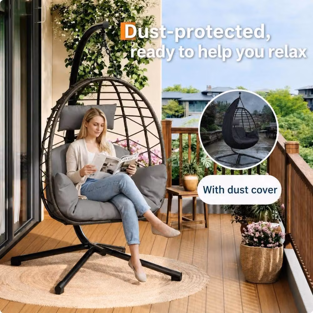 London Boutique Hanging Egg Chair with Stand, Cushions and Rain Cover in Grey – 5