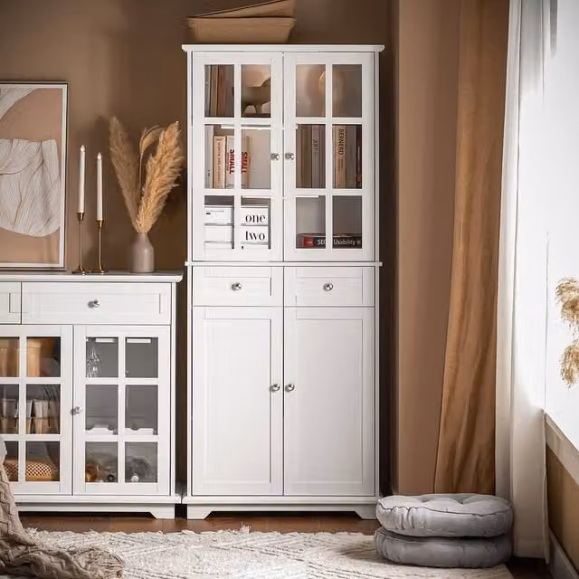 SoBuy Modern White Tall Sideboard with Glass and Solid Doors