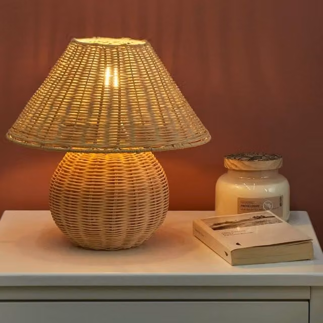 Wyld and Coco Boho Rattan Table Lamp in Brown and Beige, H 31 x W 30 x D 30 cm – 1