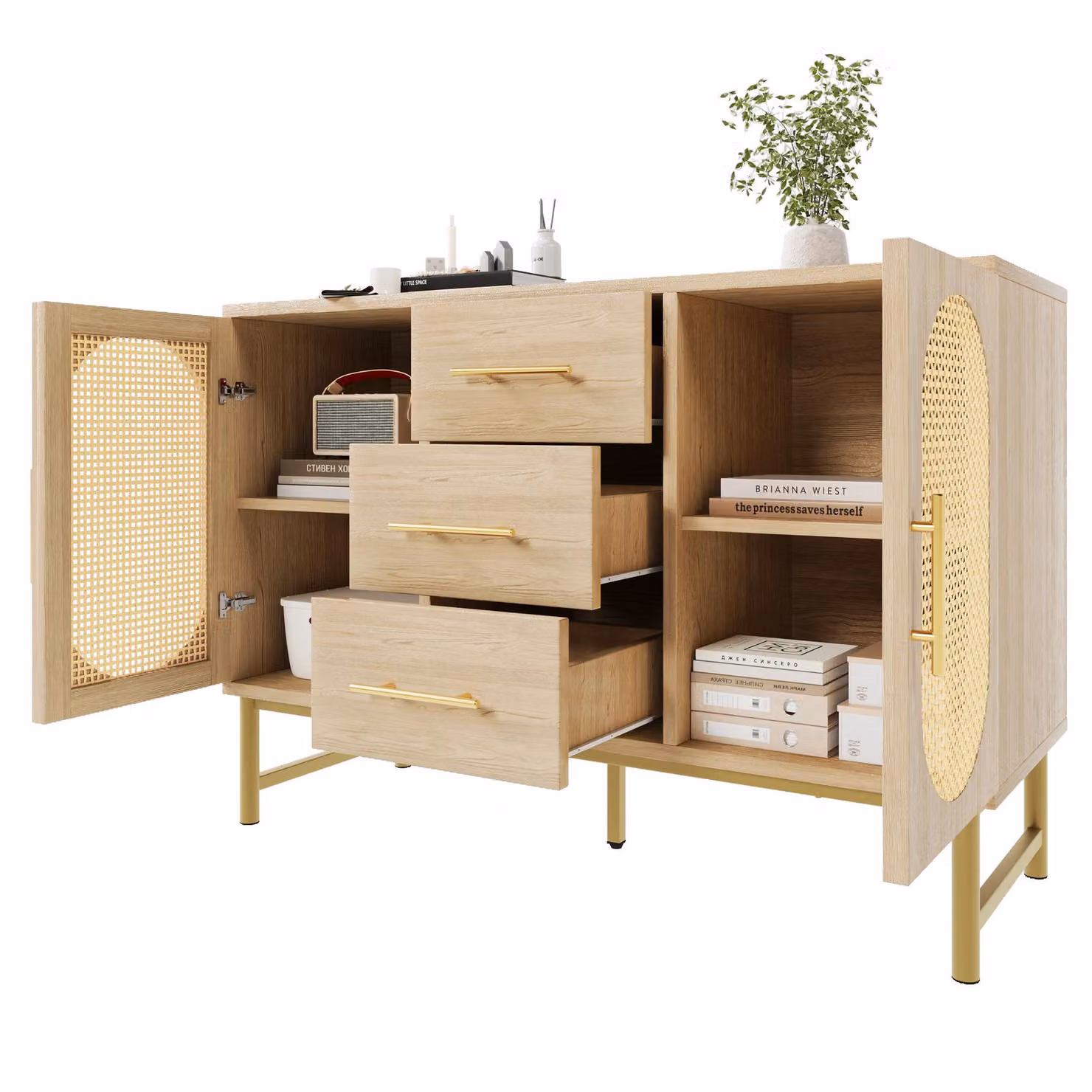 Aosom UK Contemporary Rattan Sideboard in Brown with Woven Rattan-Effect Front and Metal Handles, W: 120 cm, D: 40 cm, H: 74 cm – 2