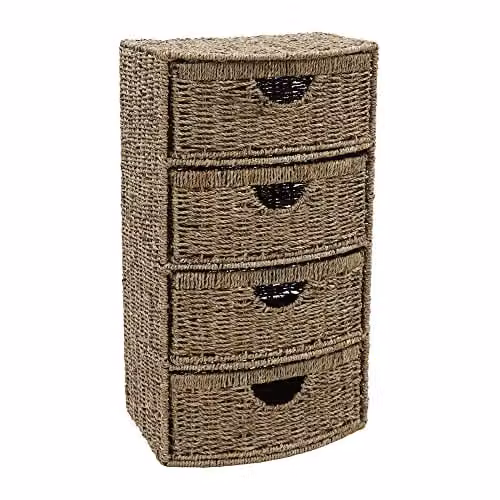 JVL 4 Drawer Bow Front Seagrass Bathroom Storage Tower in Natural Brown and Beige, H: 68.5 cm x W: 38.0 cm x D: 28.0 cm