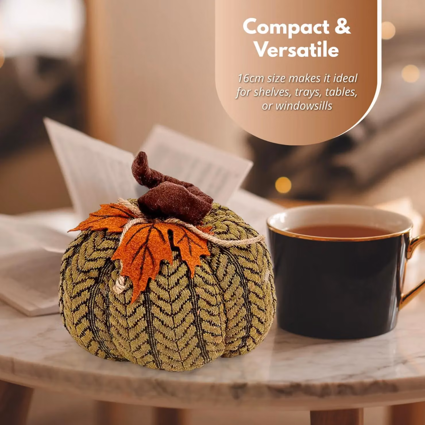 Marco Paul Green Plush Pumpkin Autumn and Halloween Tabletop Decoration, Height: 16 cm – 7