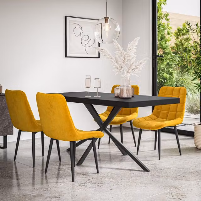 More4Homes Donni Dining Table and Nova Velvet Dining Chair Set of 4 in Black and Yellow – 1