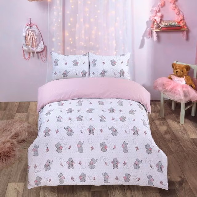 Dreamscene Ellie Elephant Kids Duvet Cover and Pillowcase Set, Pink and White, Double, W: 140 cm x L: 200 cm
