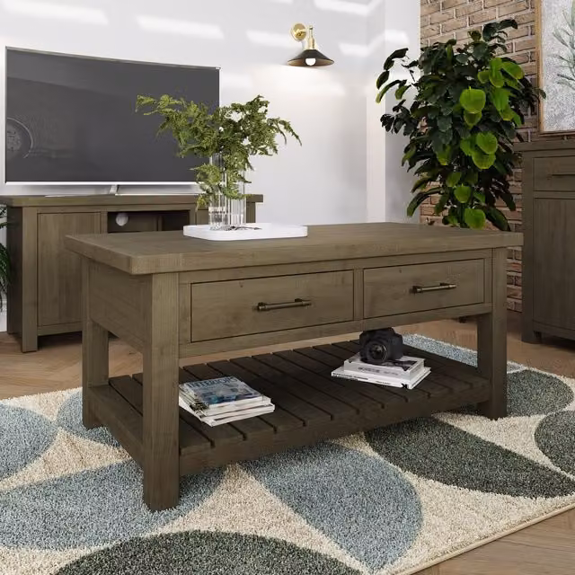 FWStyle Rustic Rectangular Solid Reclaimed Natural Pine Storage Coffee Table in Brown