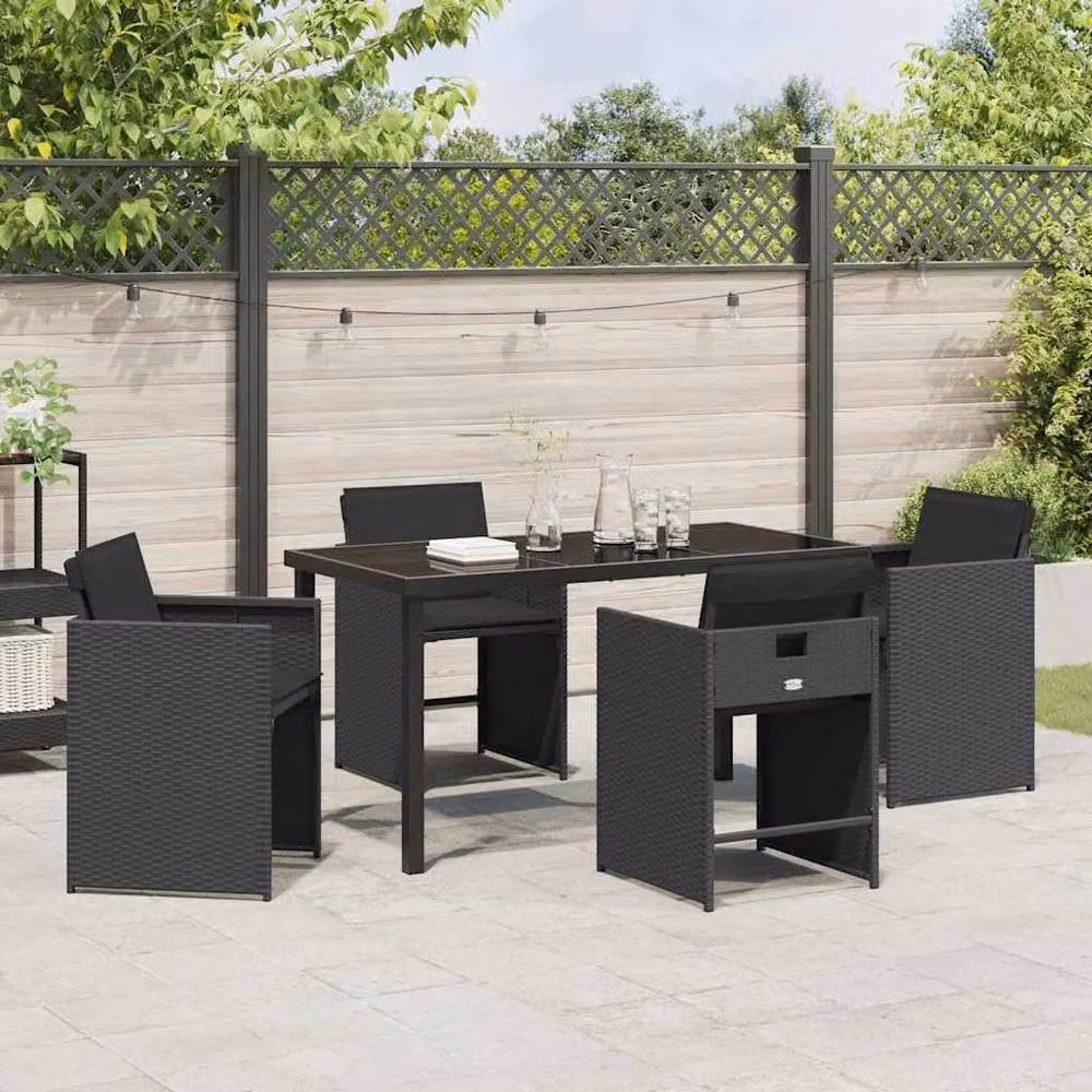 Berkfield Home 5 Piece Black Poly Rattan Garden Dining Set with Glass Top – 3