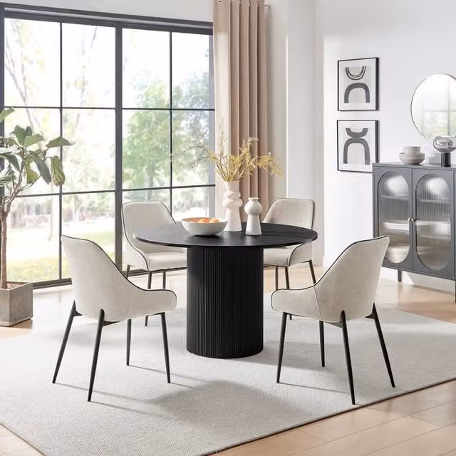 FurnitureboxUK Penrose Black Round Dining Table and 4 Beaumont Cream Chairs Set, Diameter: 120 cm