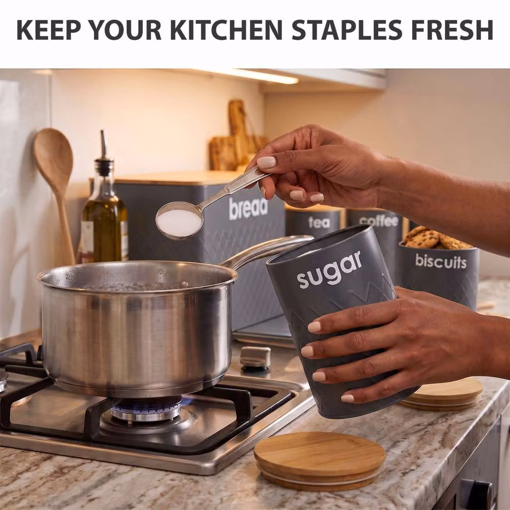 Crystals Grey 5 Piece Airtight Kitchen Storage Set with Bread Bin and Matching Geometric Canisters – 4