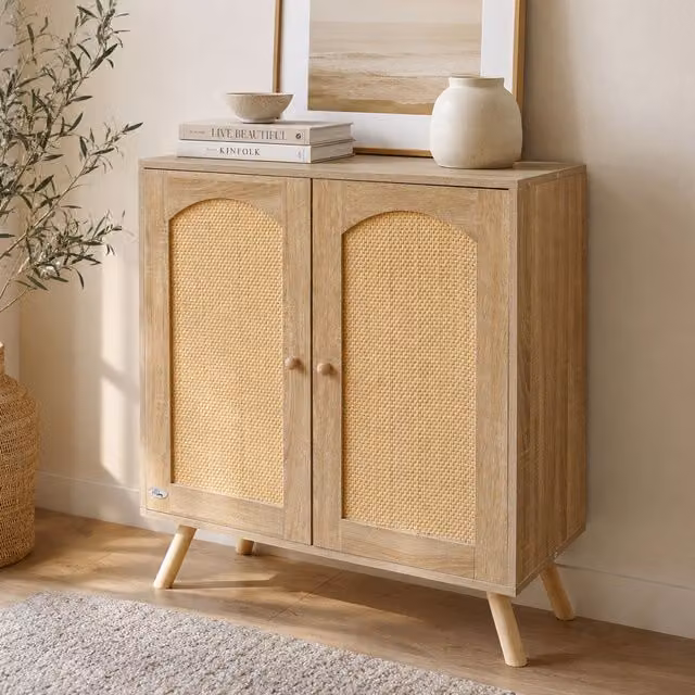Abrihome Mid-Century Rattan and Wood Sideboard Cabinet in Brown, Width: 80 cm
