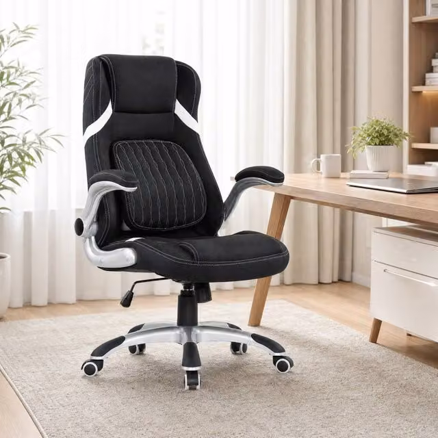 STILVORA Modern Black Fabric Task Chair with 360 Degree Swivel, Armrests and Castors, W/D/H: 68 x 68 x 120 cm
