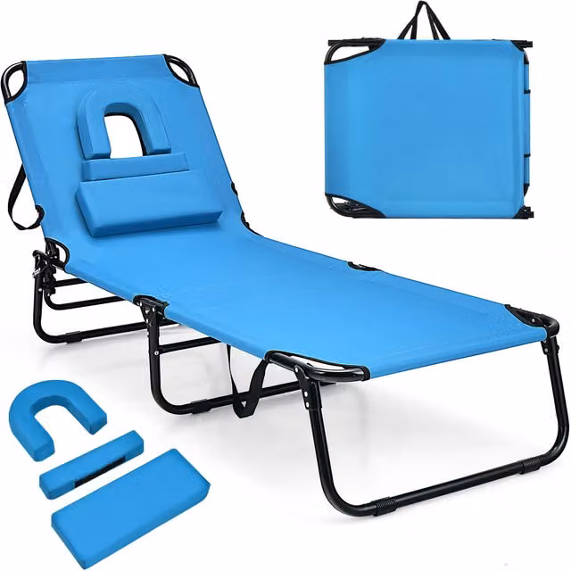 Costway Folding Beach Lounge Chair in Blue with Metal Frame