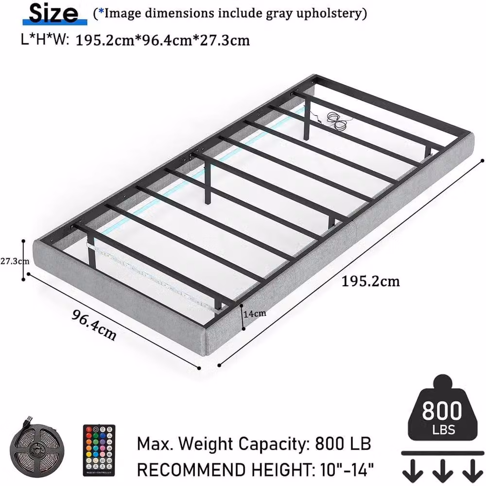 NESTLUNE Heavy Duty Steel Slat Platform Bed Frame with Under-Bed LED Lighting, Grey, W/D/H: 90 x 190 cm – 2
