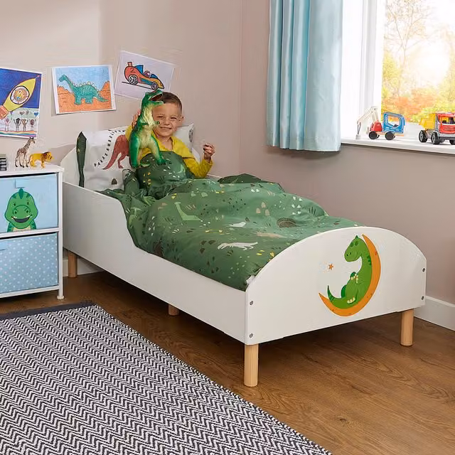 Liberty House Toys Dinosaur Kids Toddler Bed in White Solid Pine Wood