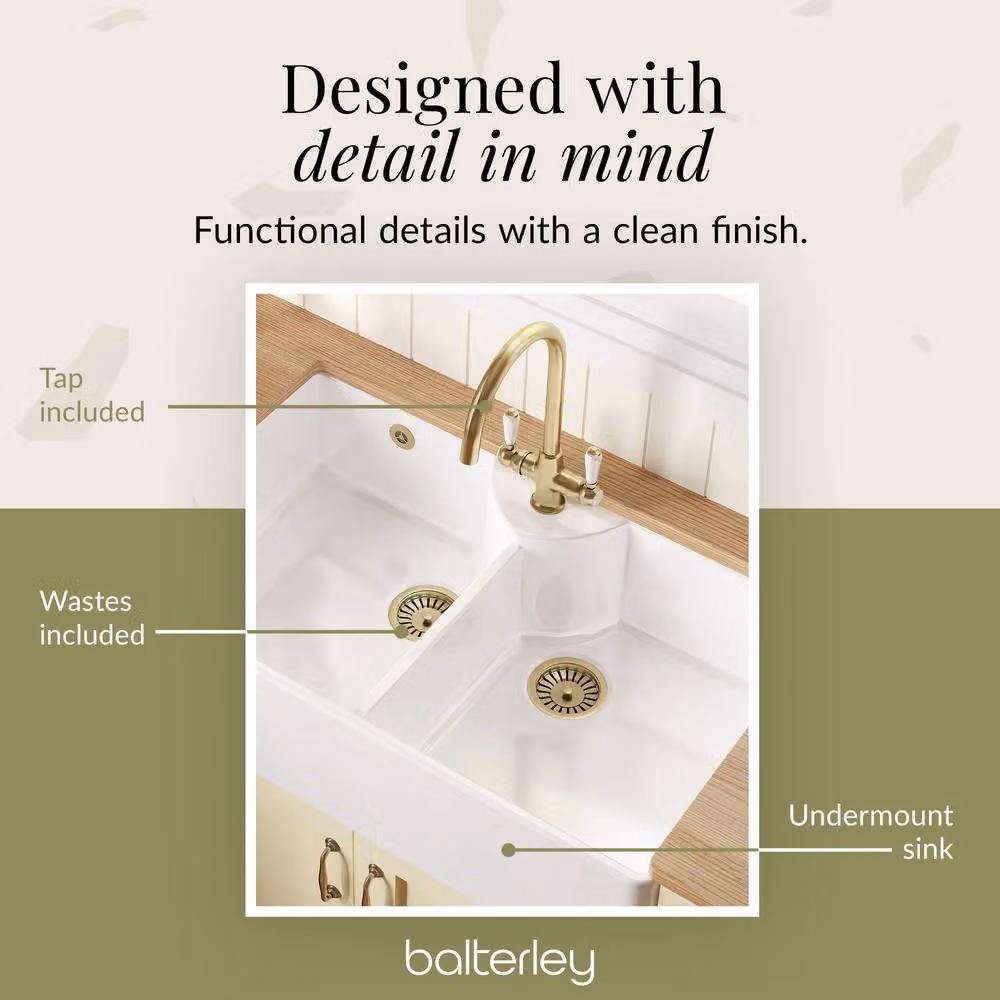 Balterley White Ceramic Double Bowl Butler Sink with Mono Lever Mixer Tap and Wastes in Gold/White, W: 89.5 cm – 2