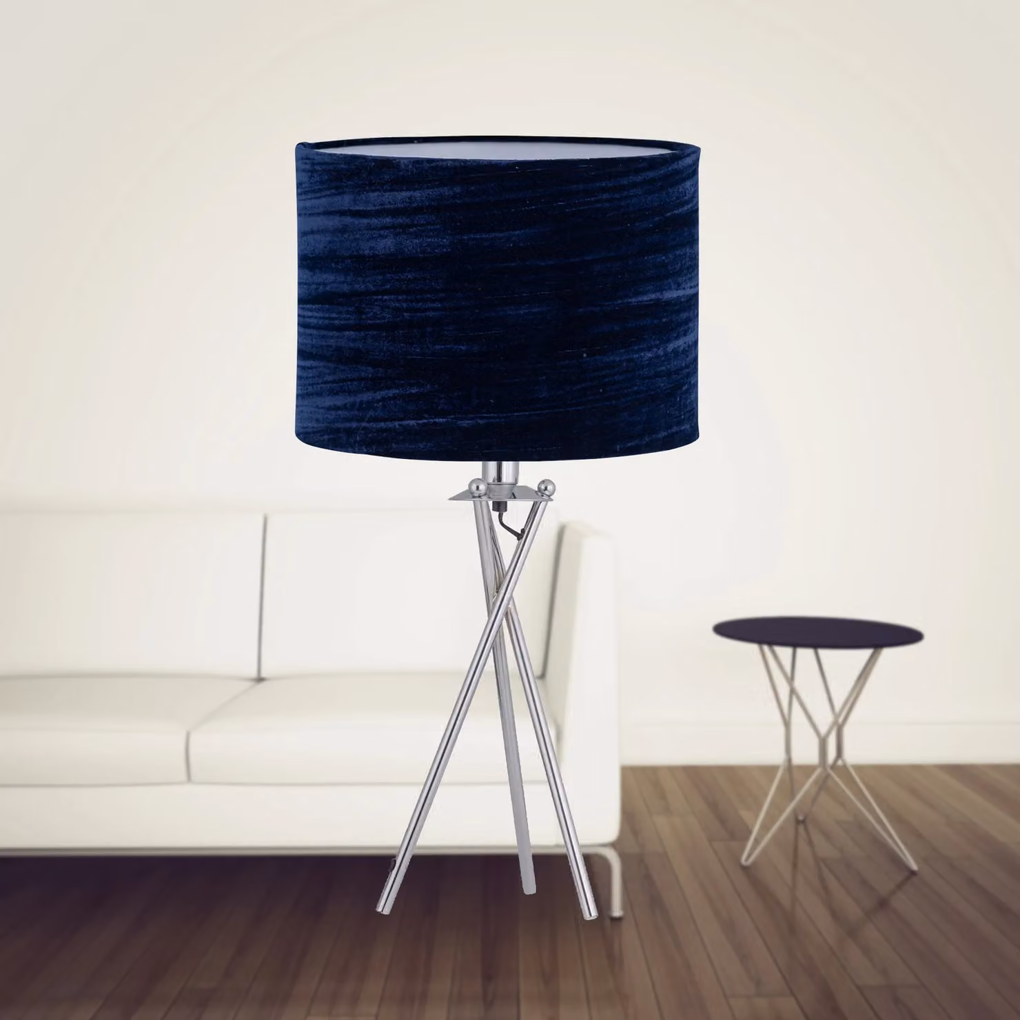 First Choice Lighting Set of 2 Chrome Tripod Table Lamps with Navy Blue Velvet Shades – 3