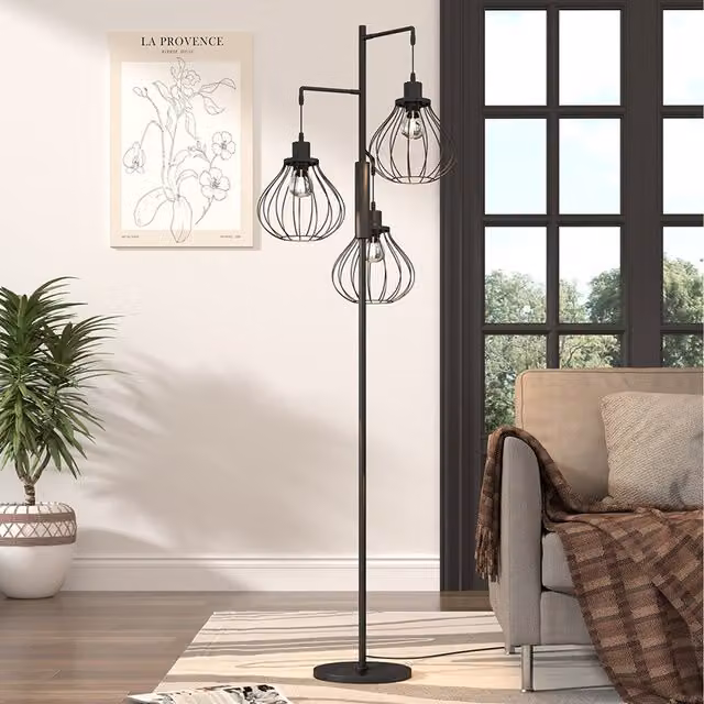 Lifeideas Industrial Black Metal 3-Bulb Floor Lamp with Cage Lantern Shades