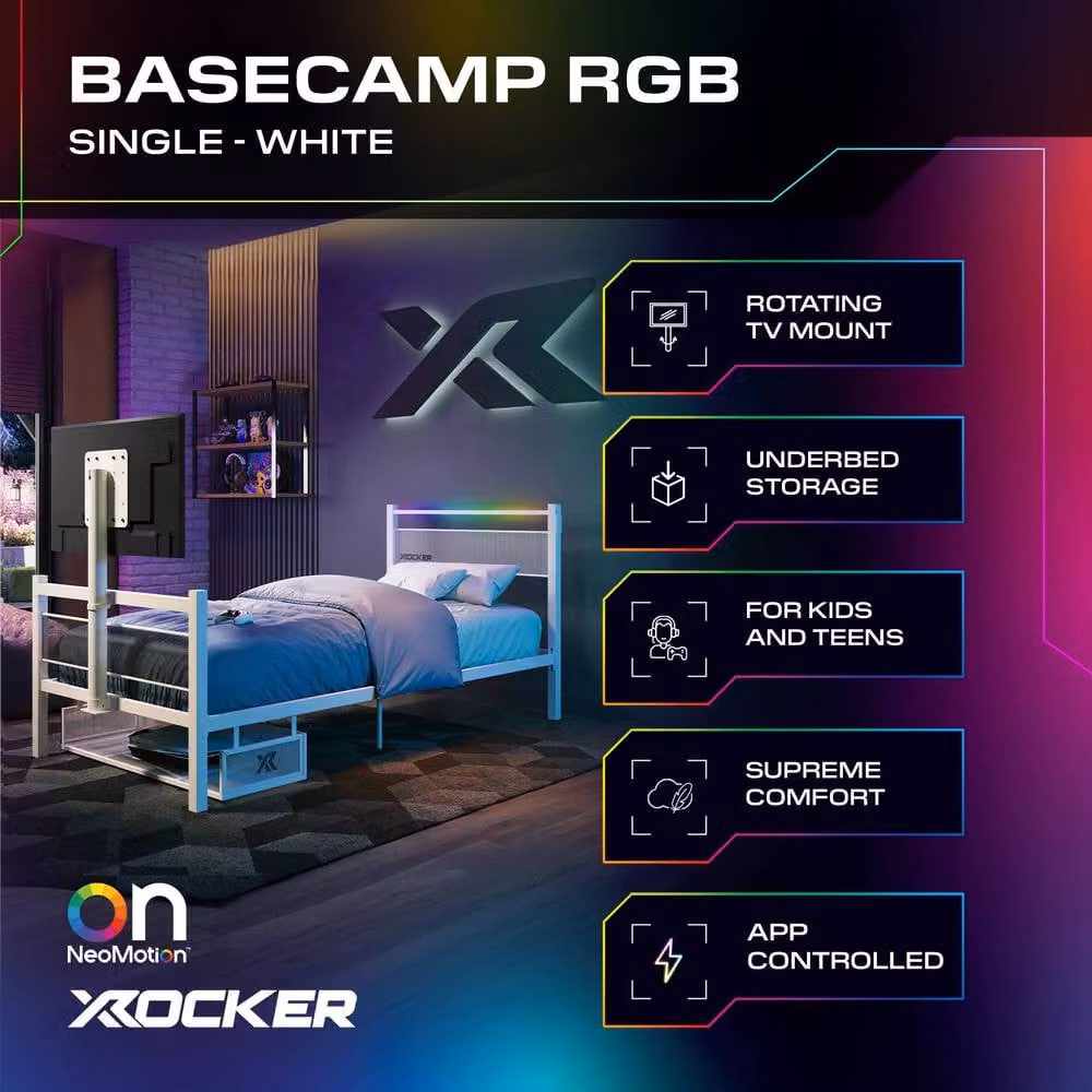 X Rocker Basecamp RGB Gaming TV Bed with App Controlled LED Lighting in White, Size: Single (90 x 200 cm) – 2