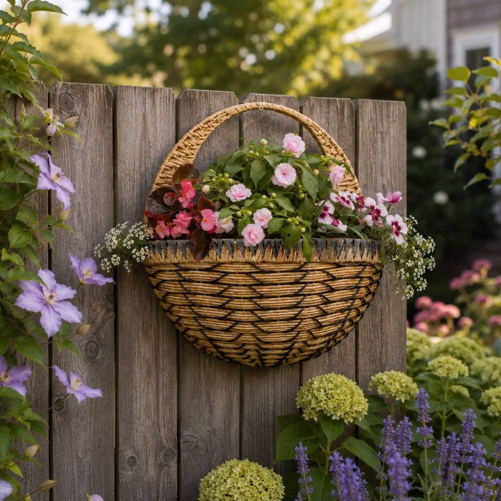 Marco Paul Brown Faux Rattan Hanging Flower Basket Planter, Diameter: 40.64 cm – 4