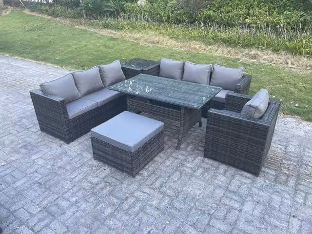 Fimous 8 Seater Rattan Outdoor Lounge Sofa and Rectangular Dining Table Set in Dark Grey