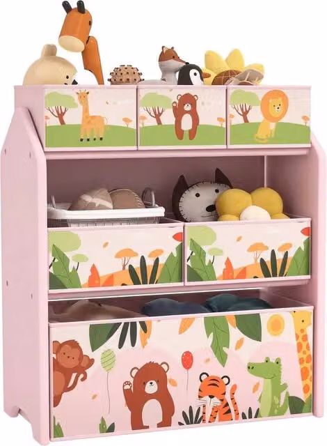FORGEVIO Toy Storage Unit with 6 Storage Boxes in Pink, H 66.0 x W 30.0 x D 30.0 cm