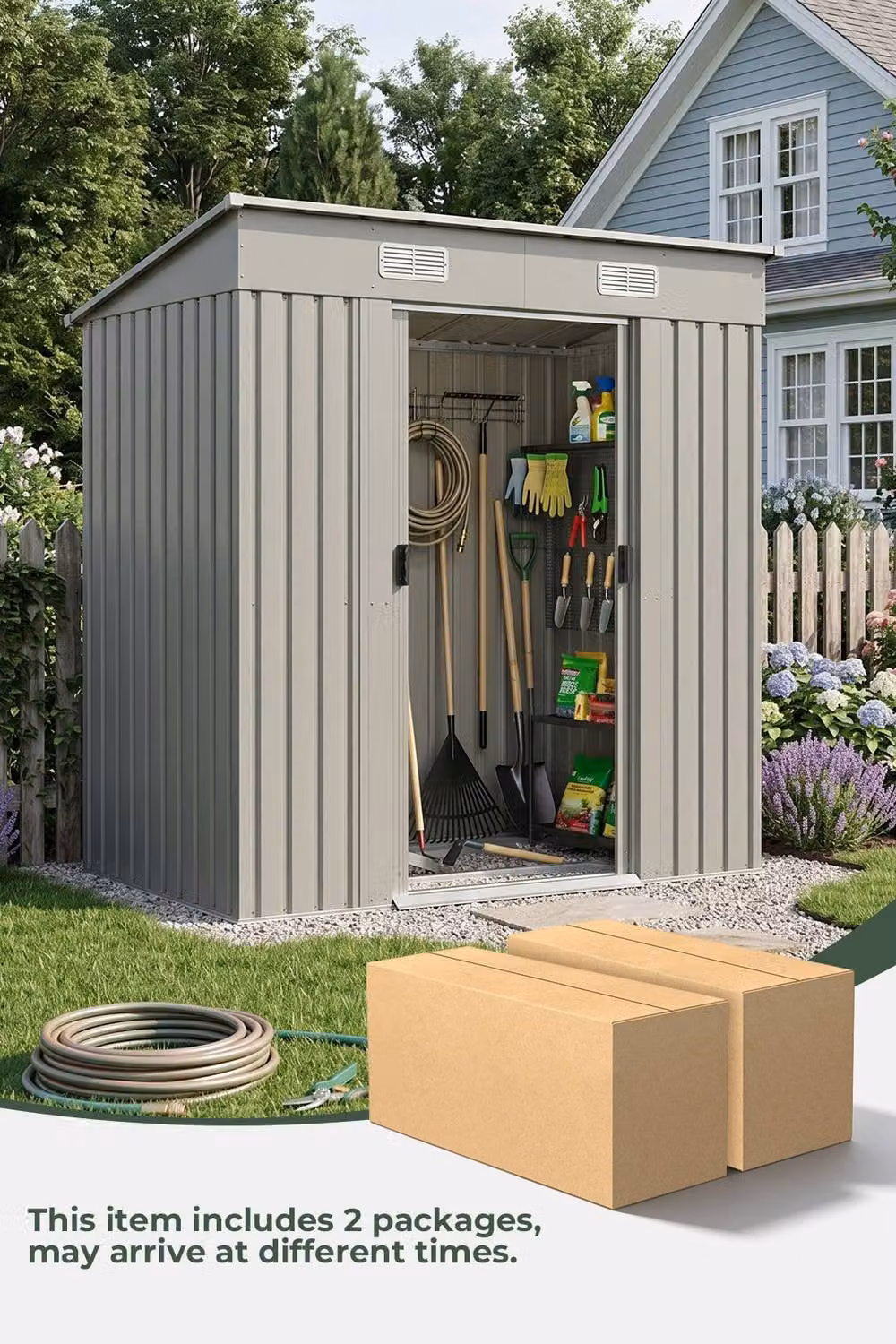 Garden Sanctuary Grey Metal Pent Roof Garden Tool Shed with Sliding Doors W/D/H: 182 x 121 x 194 cm – 3