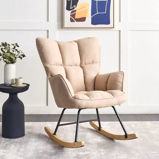 Wyld and Coco Beige Tufted Rocking Chair with Polyester Upholstery and Wooden Frame, H 104 cm x W 71 cm x D 83 cm
