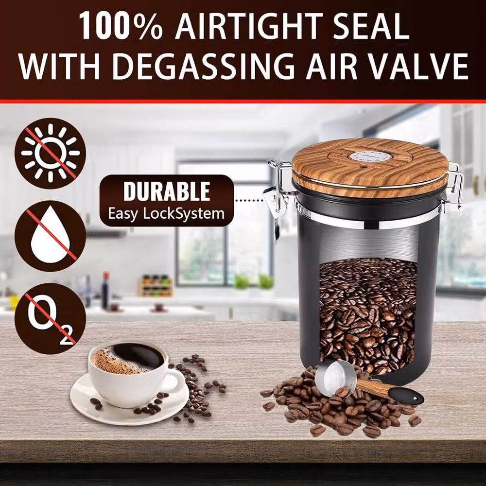 KORVIXA Airtight Stainless Steel Vacuum Coffee Canister, Black, 1.8 l – 4