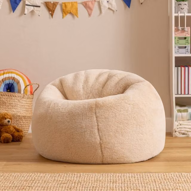 Icon Kids Kingston Rabbit Faux Fur Classic Dome Bean Bag in Natural Beige and Yellow with Removable Cover