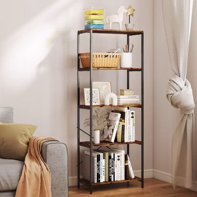 HOMCOM 5 Tier Industrial Bookshelf in Rustic Brown and Black