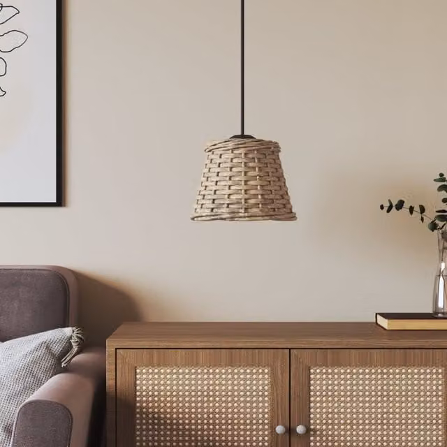 Berkfield Home Brown Wicker and Metal Cone Ceiling Lamp Shade, W/D/H: 15 x 15 x 12 cm
