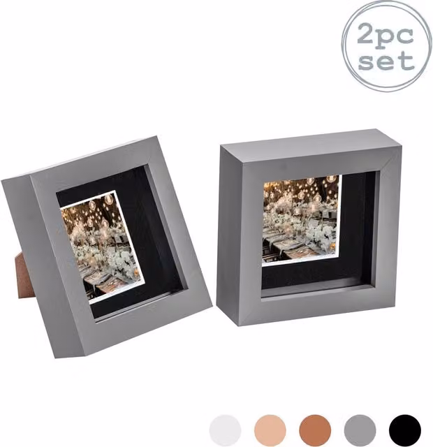 Nicola Spring Pack of 2 Square 3D Box Photo Frames in Grey and Black with 10.16 x 10.16 cm Photo Area and 5.08 x 5.08 cm Mount