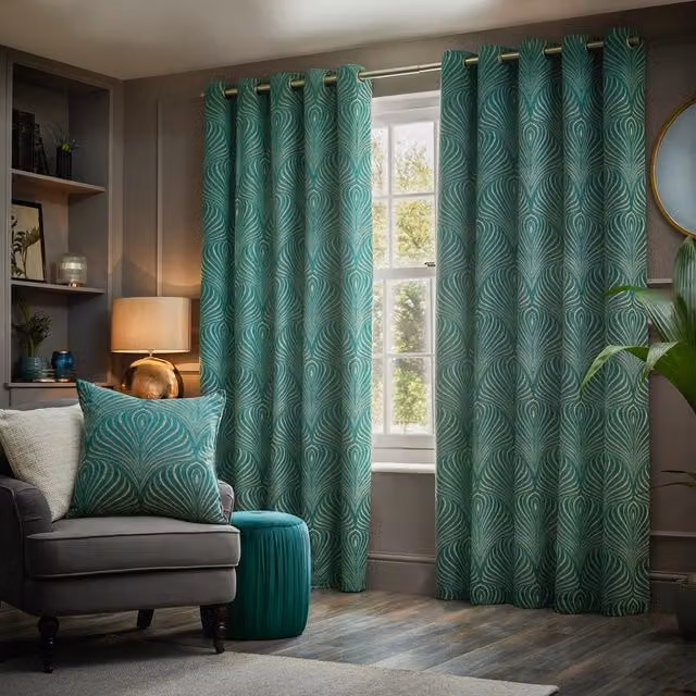 Make It A Home Gatsby Jacquard Eyelet Curtain Pair in Green and Gold, Height: 229 cm