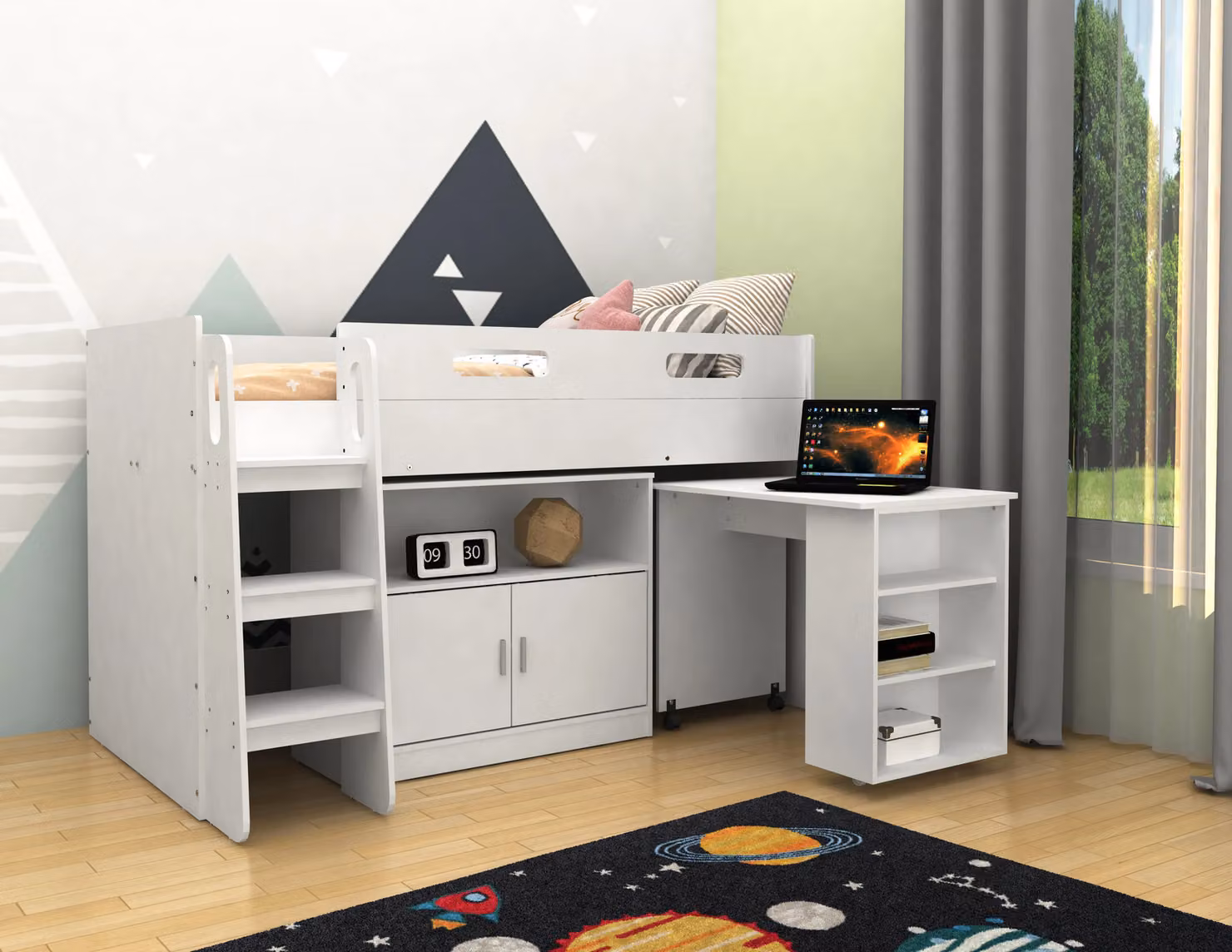 Kidsaw White Single Mid Sleeper Bed Frame with Side Compartments and Stairs – 2