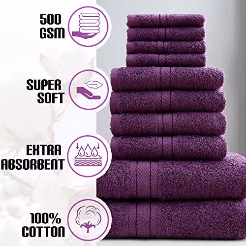 GAVENO CAVAILIA 10 Piece Egyptian Cotton Towel Set in Purple, including 4 Face Towels, 4 Hand Towels and 2 Bath Towels – 3