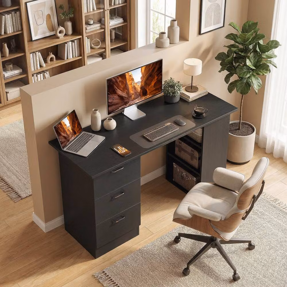 Rolipo Minimalist Computer Desk with Drawer Unit and Storage Shelves in Black – 3