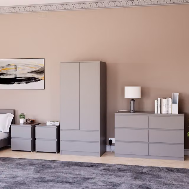 Vida Designs Denver Grey Modern Bedroom Set with 2 Drawer Bedside Tables, 6 Drawer Chest and 2 Door Wardrobe