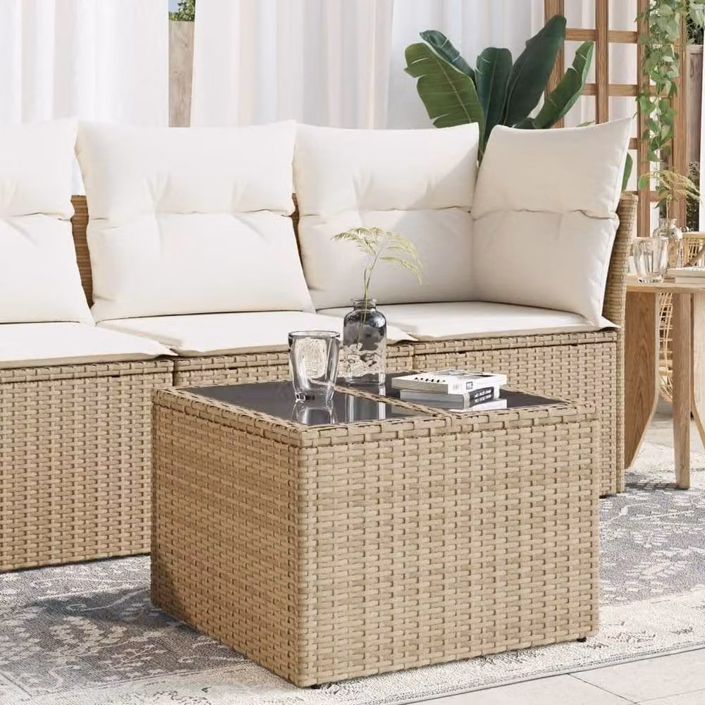 Berkfield Home Beige Poly Rattan Garden Table with Glass Top, W/D/H: 55 x 55 x 37 cm