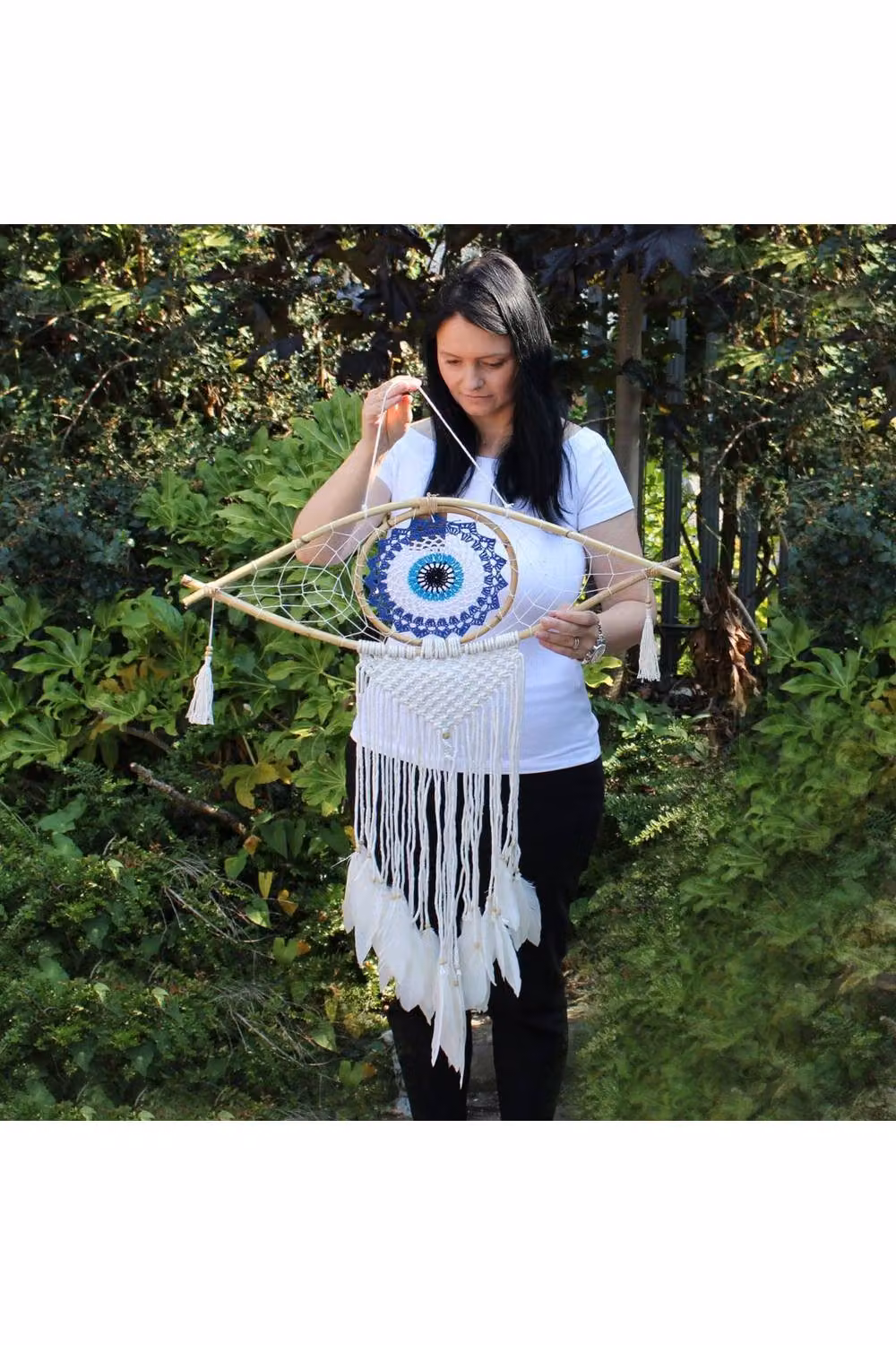 KDMD Large Multicolour Macrame Evil Eye Dream Catcher with Rattan and Textile Details – 2