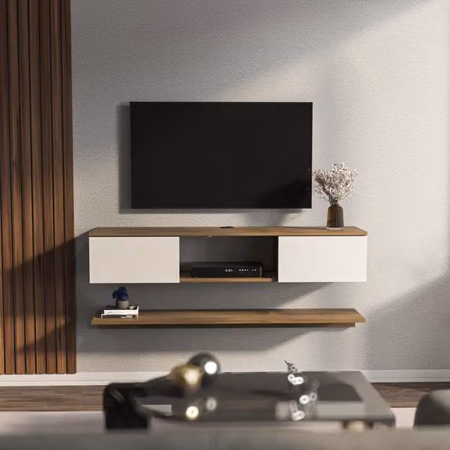 Decorotika Modern Elia Floating TV Unit with Accent Shelf in Walnut and White
