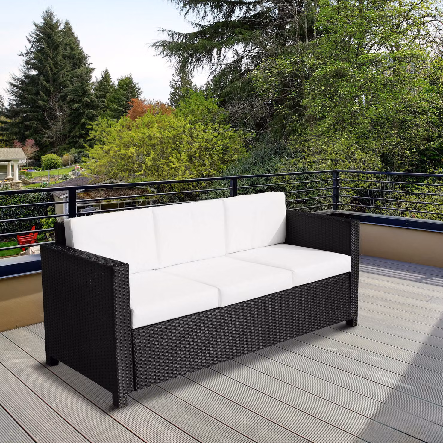 Outsunny 3 Seater Rattan Outdoor Sofa with Metal Frame and Fire Resistant Cushions, Black – 2