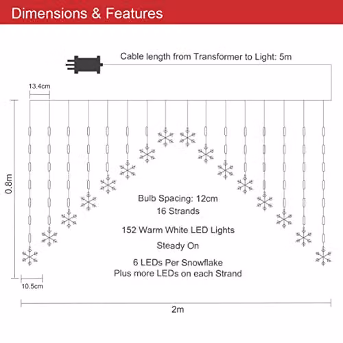 The Christmas Workshop Warm White LED Snowflake Curtain Lights, 2m, Mains Operated – 2