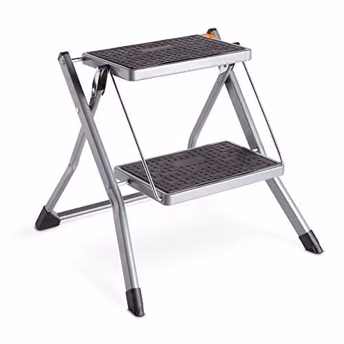 VonHaus 2-Step Foldable Steel Step Ladder with Handle and Anti-Slip Rubber Feet in Grey