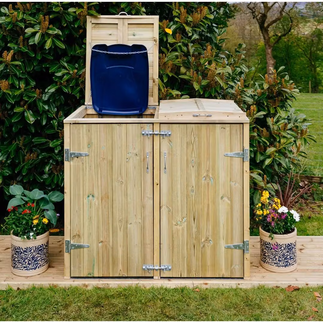 Buttercup Farm Shireburn Double Wheelie Bin Store in Brown, fits 2 x 180L or 2 x 240L bins, W/D/H: 145.0 x 80.4 x 120.0 cm – 3