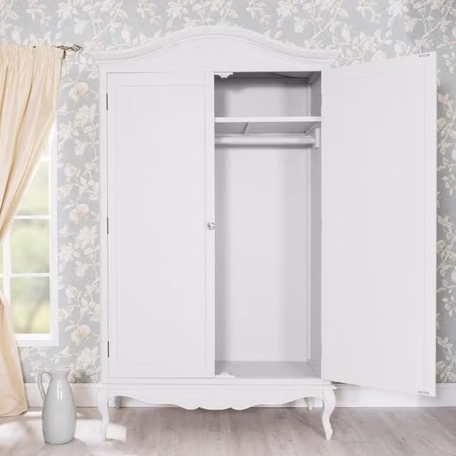 Juliette French Double Wardrobe in White with Hinged Doors and Internal Shelving, H: 217 cm, W: 131 cm, D: 60 cm