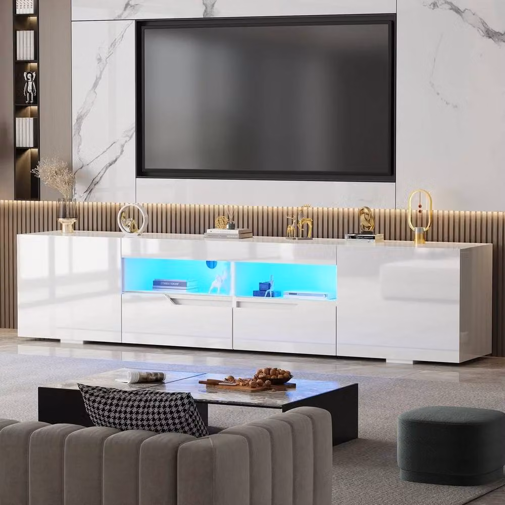 FORGEVIO Modern White High Gloss TV Unit Stand with Integrated LED Lights – 2