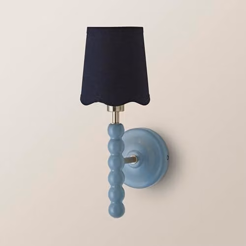 ValueLights Bobbins Blue Wall Light with Fabric Shade and Wood Details, W/D/H: 16.0 x 12.0 x 34.5 cm