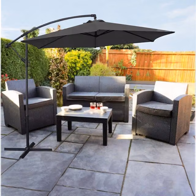 Groundlevel 3m Black Cantilever Banana Garden Parasol with Metal Freestanding Base