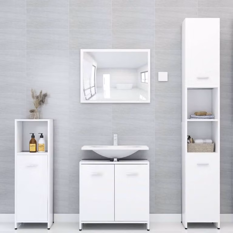 Berkfield Home 3 Piece Modern White MDF Bathroom Furniture Set Including Tall Cabinet, Vanity Unit and Mirror Cabinet