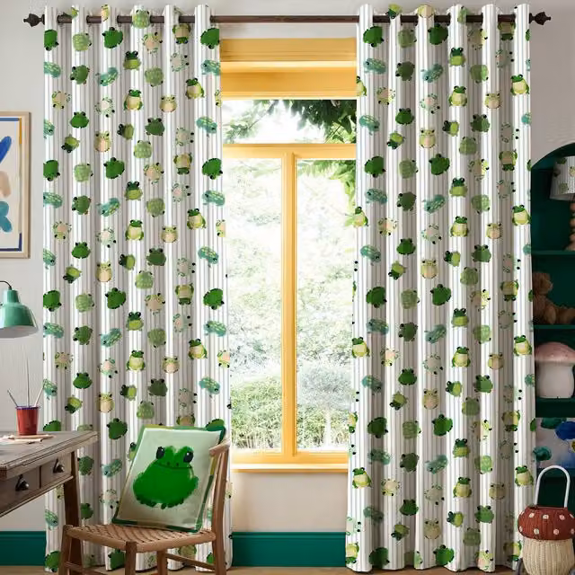 Wee Blue Bell Little Frogs Made To Measure Blackout Eyelet Curtains in Green, Yellow and White