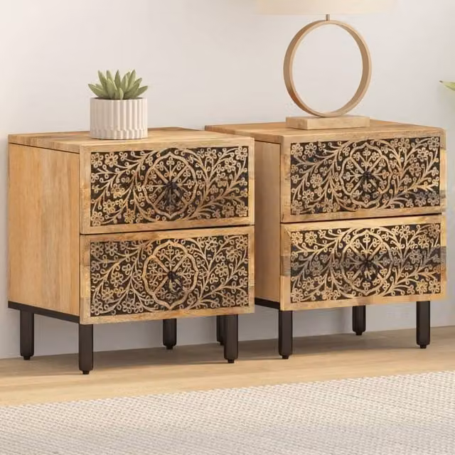 Berkfield Home Set of 2 Solid Mango Wood Bedside Cabinets in Brown, W: 40 cm, D: 33 cm, H: 46 cm